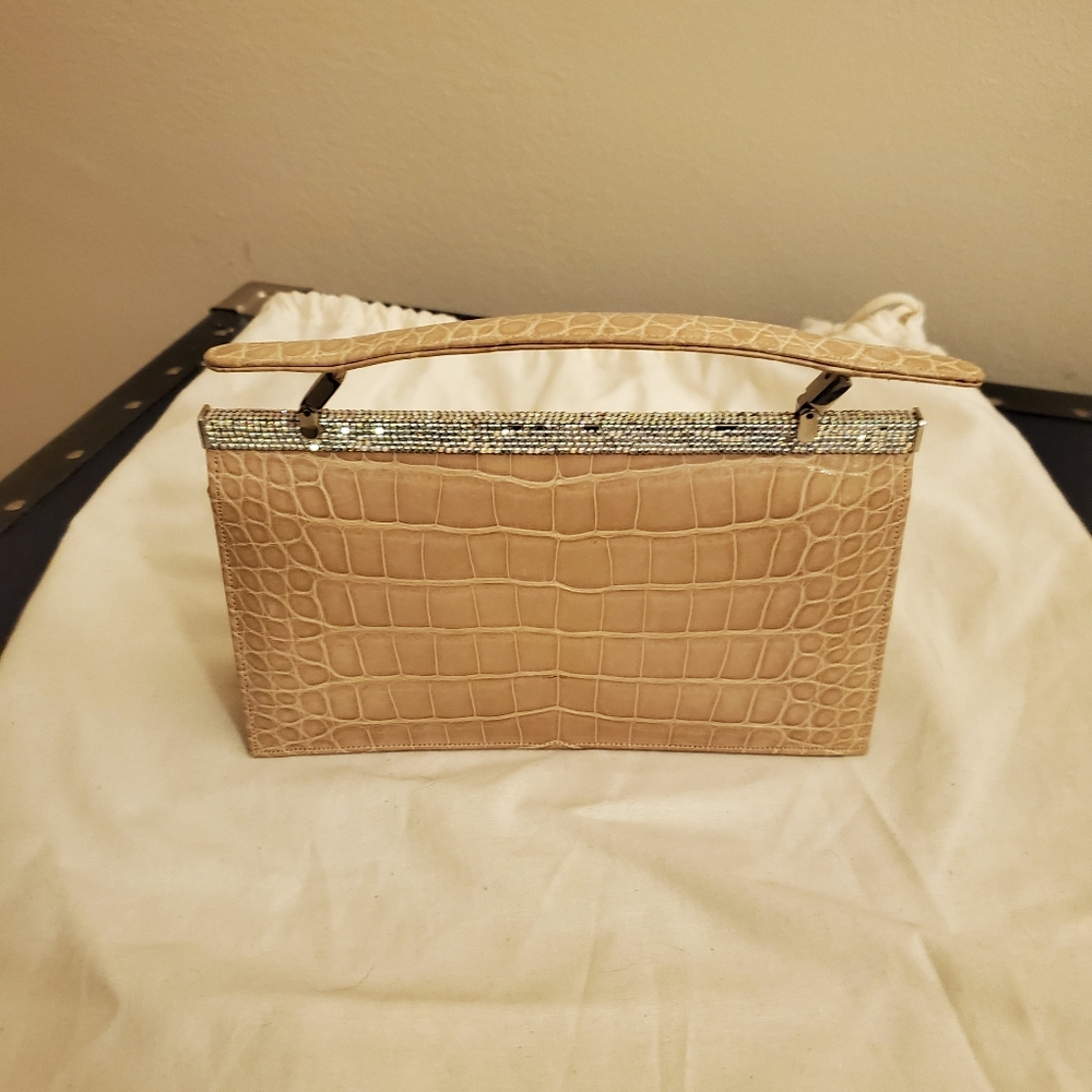 Judith Leiber beige alligator crystal clutch